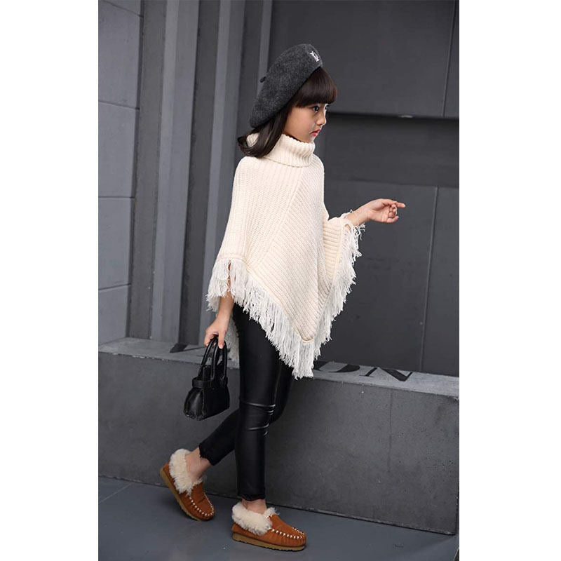 Girls Fall Loose Knitted Pullover Sweaters Poncho Tassel Turtleneck Cloak Cape-White
