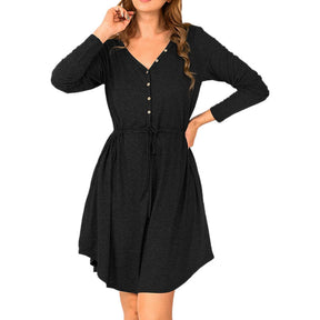 Ladies Casual V Neck Button Long Sleeve Tunic Dress-BlackGray