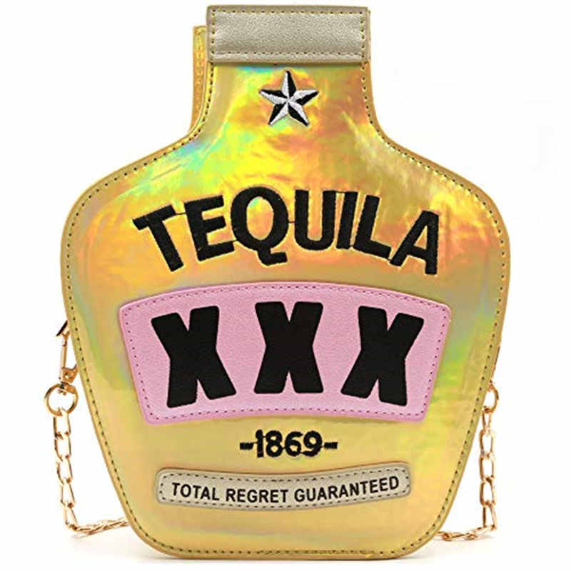 Tequila Bottle Shaped Laser Shoulder Handbags PU Crossbody Purse for Women-Gold