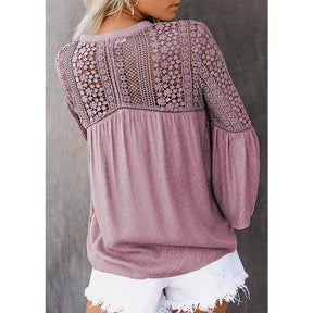 Womens V-neck Lace Crochet Shirt Flare Sleeve Buttoned Blouses-Pink