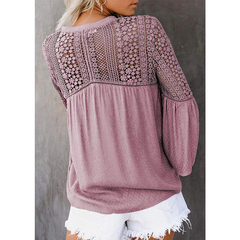 Womens V-neck Lace Crochet Shirt Flare Sleeve Buttoned Blouses-Pink