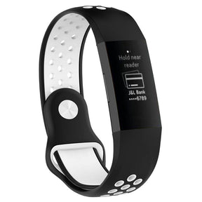 Double Color Porous Breathable Watch Band Silicone Wristband For Fitbit Charge 3 Sport Smartwatch -Black White