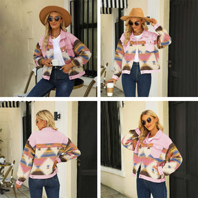 Denim Jacket for Women Aztec Print Contrast Color Cropped Coat-Pink