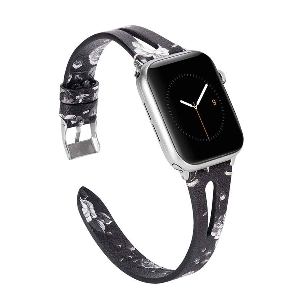 Fashion Triangle Hole Leather Watch Band For Apple Watch SE/6/5/4/3/2/1(Grey Flower)