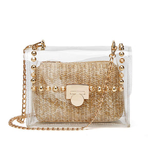 2 in 1 Transparent Shoulder Bag Set Fashion Rivet Chain Strap PVC Handbags for Women-Apricot