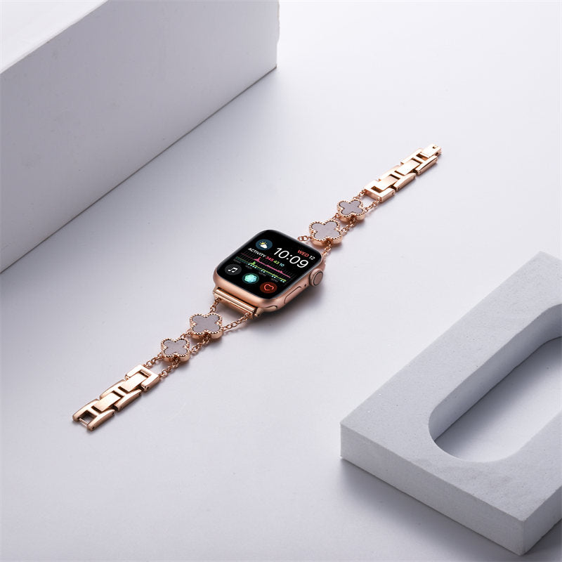 Apple Watch Band Luxury Four-leaf Clover Thin Stainless Steel for iWatch Series SE/6/5/4/3/2/1-oseGold+WineRed