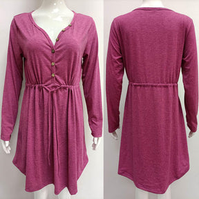 Ladies Casual V Neck Button Long Sleeve Tunic Dress-WineRed