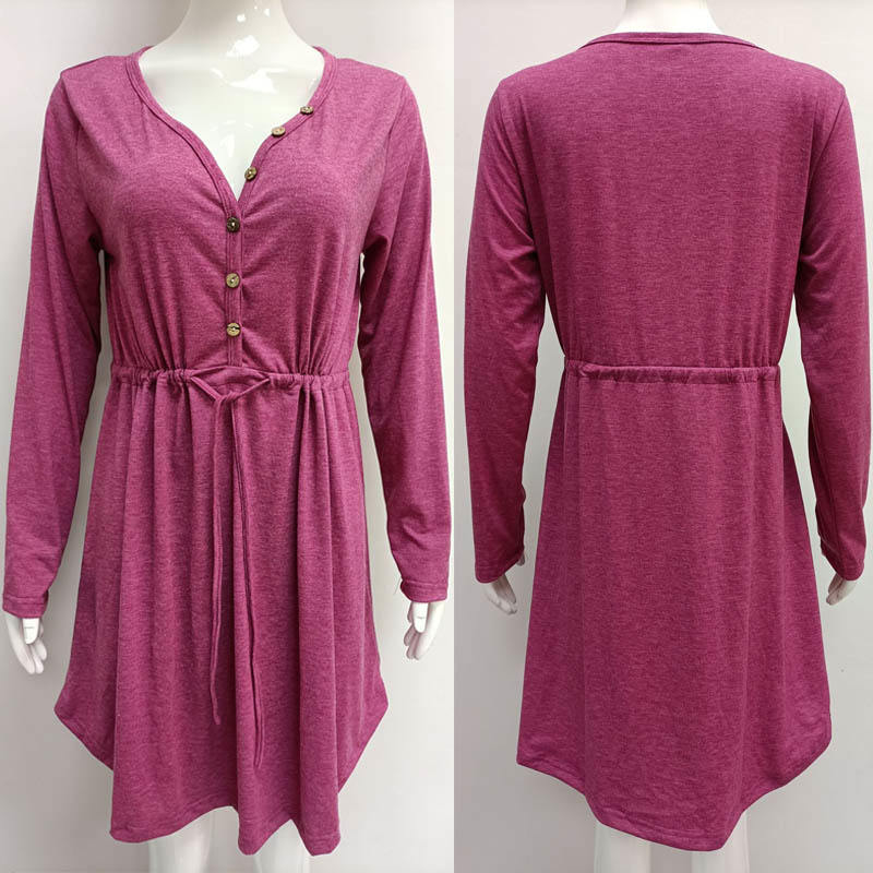 Ladies Casual V Neck Button Long Sleeve Tunic Dress-WineRed