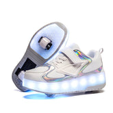 Kids LED Roller Skate Shoes Boys Girls Sneakers with Double Wheel-CD888-White