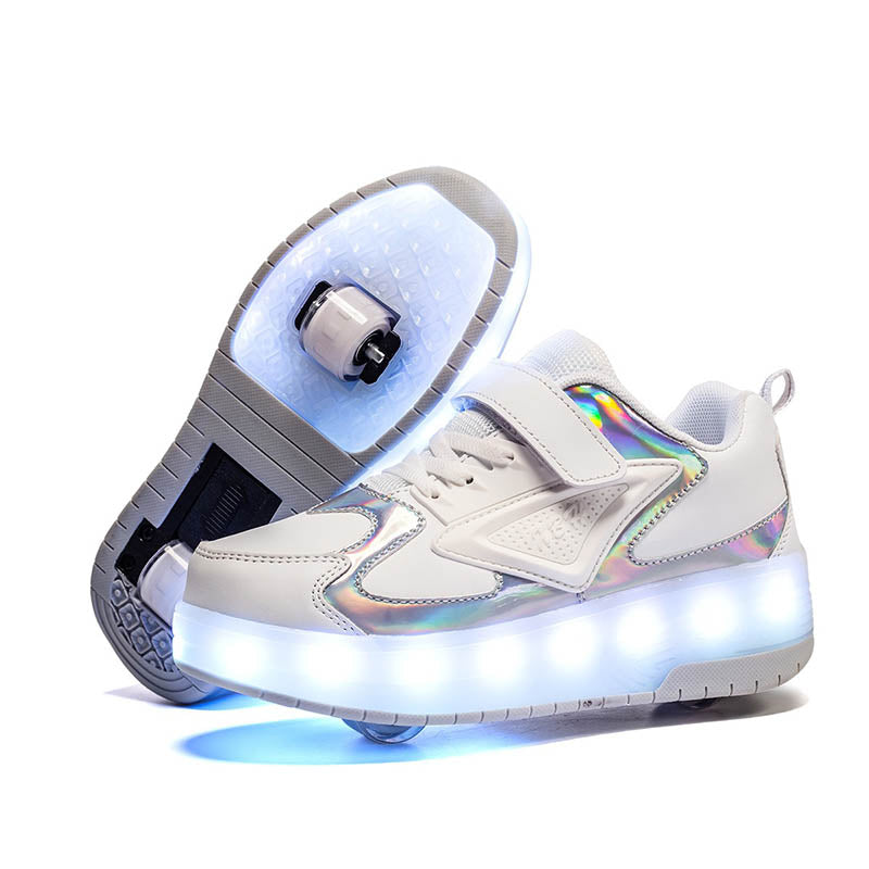 Kids LED Roller Skate Shoes Boys Girls Sneakers with Double Wheel-CD888-White