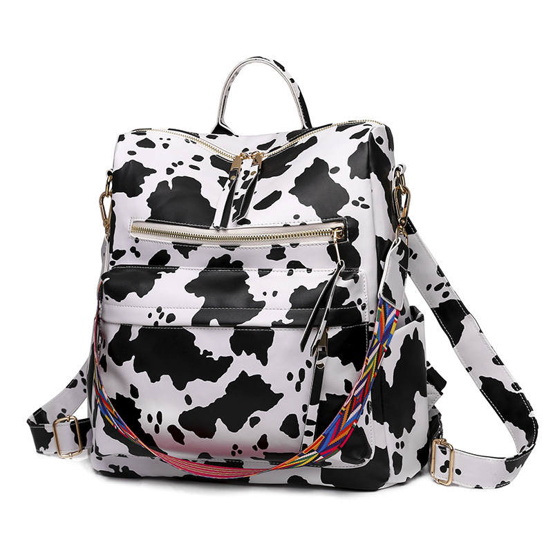 Fashion Backpack Multipurpose Print Leather Travel Shoulder Bag-White Cow Pattern