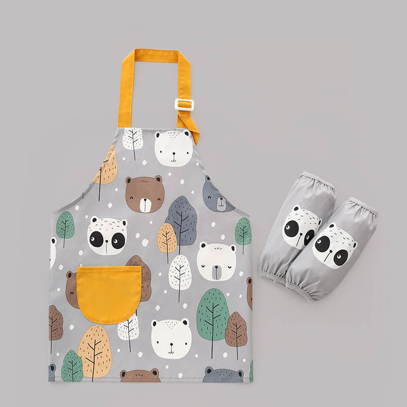 Kids Cartoon Animal Pattern Painting Waterproof Apron Set-Panda