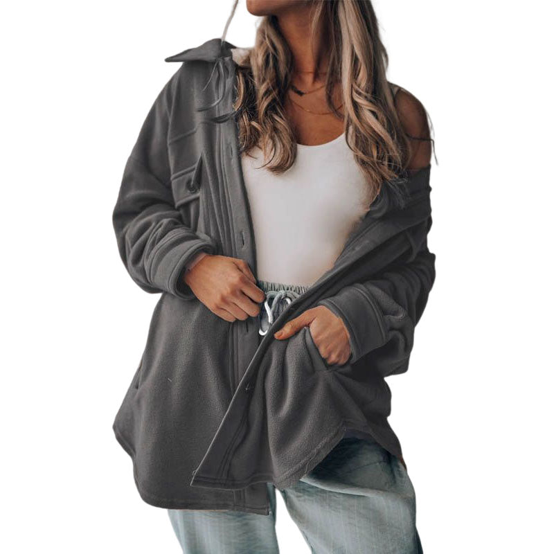 Lookbook Womens Fleece Long Sleeved Shirt Casual Boyfriend Blouse Top-Grey