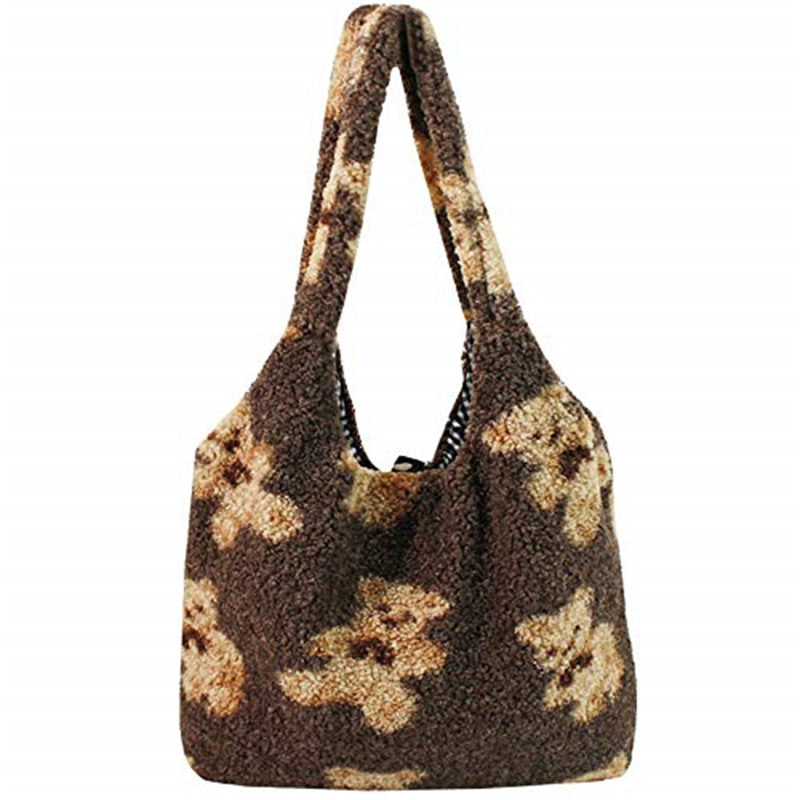 Women Girls Cute Bear Plush Shoulder Bag Large Shopping Handbag-Brown