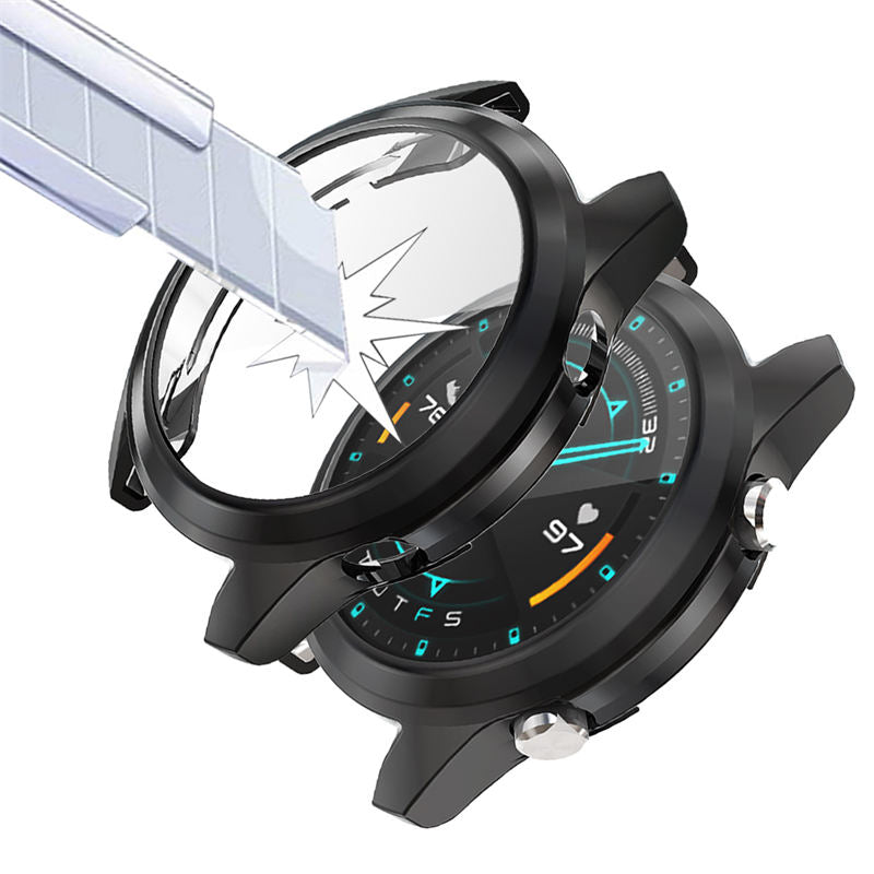 TPU Screen Protector Case For Huawei Watch GT2 42mm&46mm with HD Tempered Glass-Black