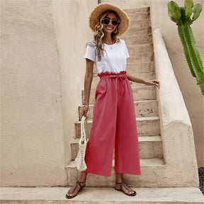 Womens Cropped Wide Leg Pant Elastic Solid Loose Fit Casual Trouser-Wine Red