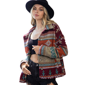 Womens Aztec Shacket Jacket Boho Wool Blend Coat with Pockets-WineRed