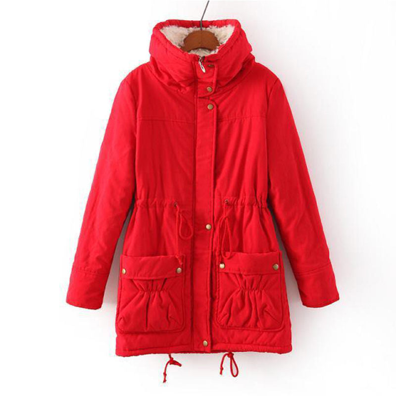 Women's Mid Length Winter Coat Thickened Warm Lamb Wool Lined Jacket-Red