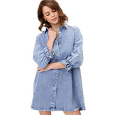 Denim Shirt Dress for Fall Lantern Sleeve Vintage Loose Babydoll-LightBlue