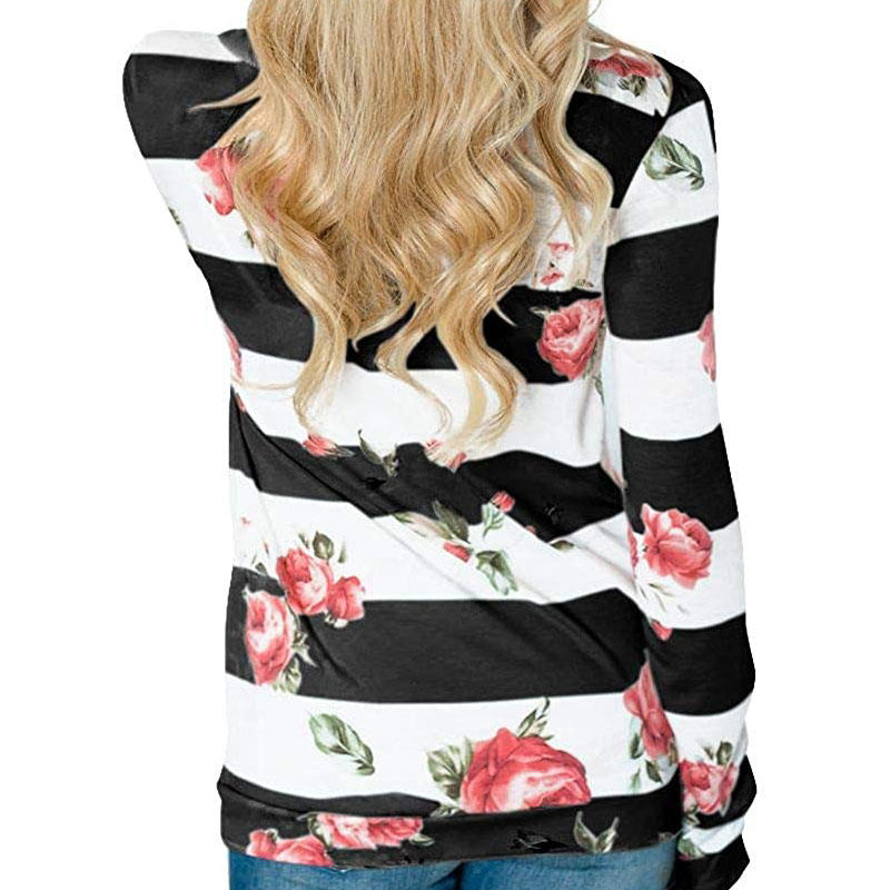 Womens Striped Floral Stack Neck Sweatshirt with Pockets-Black