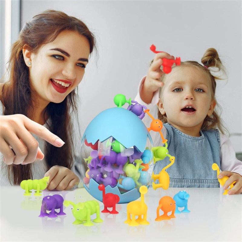 40 Pcs Kids Bath Toys Silicone Animal Sucker with Dinosaur Eggshell Storage