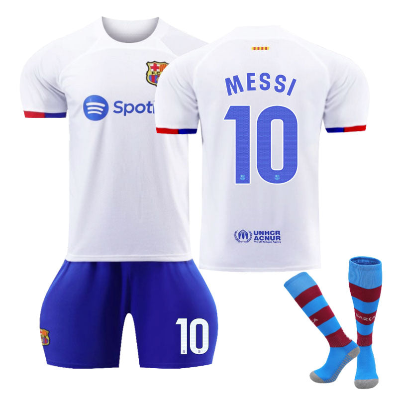 Barca Away Jersey MESSI #10 Soccer Jersey Kids Adult 3-Pieces Jersey Kits