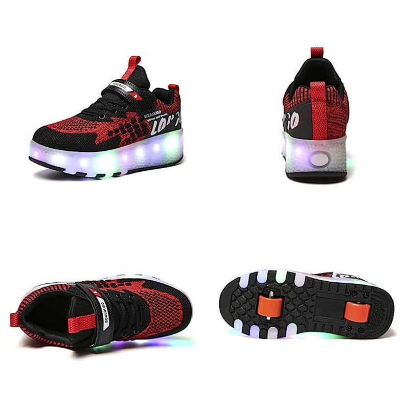 Kids Roller Shoes LED Light Rechargeable with Double Wheel-Black