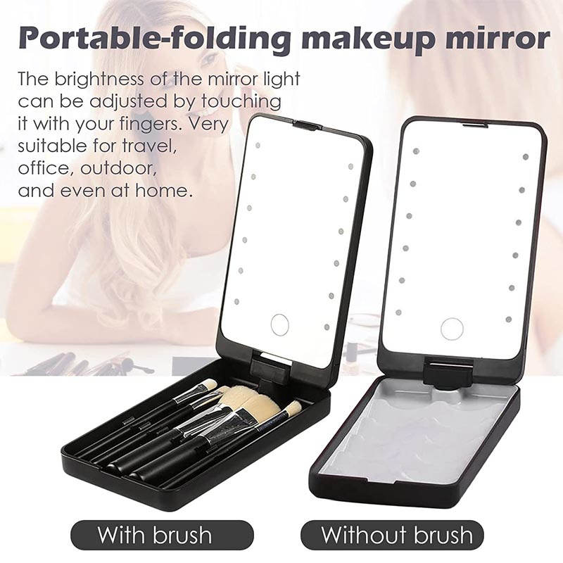 Folding Touch LED Makeup Mirror Lockable Jewelry Display Box Necklace Earing Storage Case 10X Magnifying Mirror Black