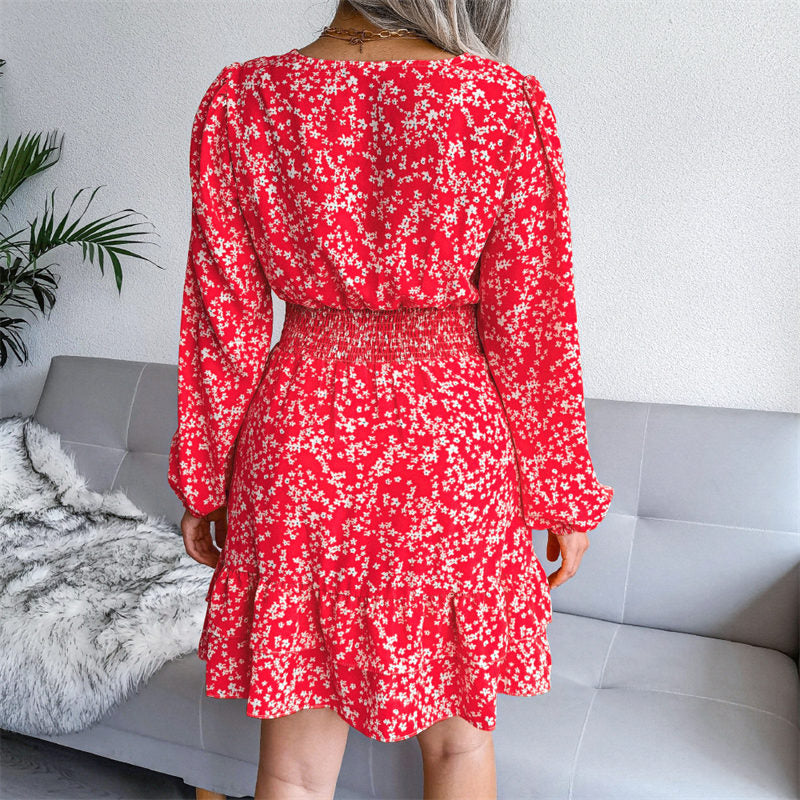 Womens Floral Long Sleeve V Neck Elastic High Waist Chiffon Dress-Red