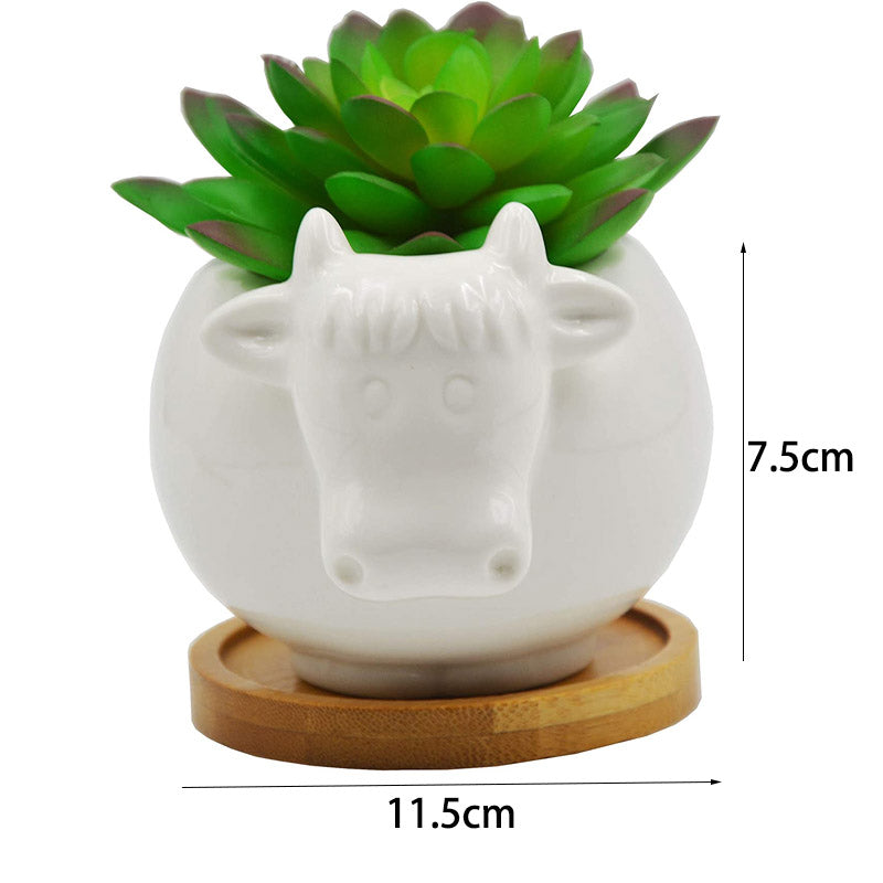 Cute Animal Cow Shaped Cartoon Ceramic Succulents Cactus Flower Pot(Plant and Bamboo Tray Not Included)