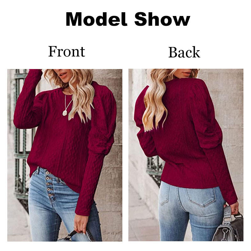 Womens Long Sleeve Sweaters Solid Color Jacquard Weave Round Neck Knit Tops-WineRed