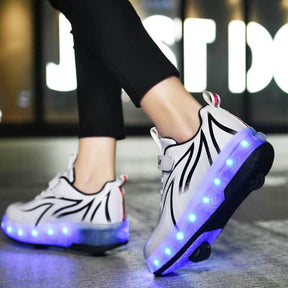 Double Wheel Roller Skate Shoes Light Up Sneakers for Boys Girls-Black White