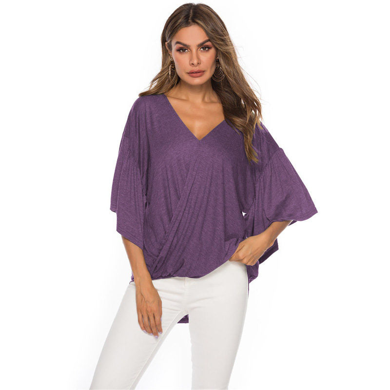 Womens Summer Ruffle Sleeve V-Neck T-Shirt Knot Tops-Purple