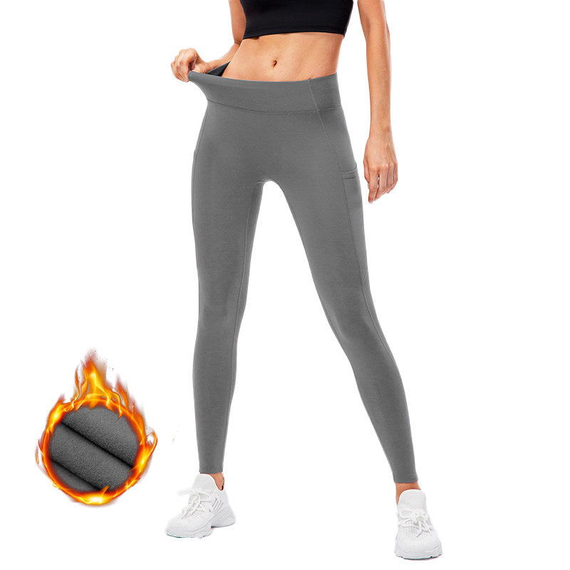 Womens Fleece Leggings with Pockets Tummy Control Thermal Yoga Pants-Grey