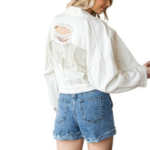 Womens Denim Jacket with Fringe Rhinestones Crop Casual Coat-White