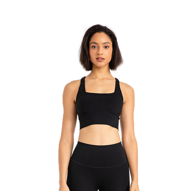 Cross Back Longline Sports Bras Wirefree Padded Crop Tank Top-Black