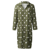 Ladies Polka Dot Long Sleeve Vertical Collar Shirt Dress-ArmyGreen