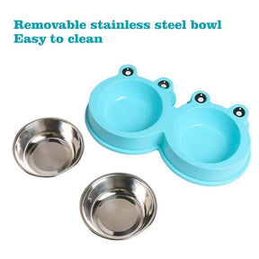 Double Dog Cat Bowls Cute Modeling No-Slip Stainless Steel Pet Bowls-Blue