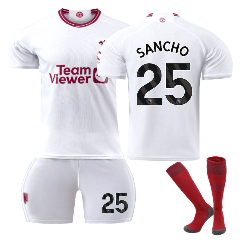 Red Devil Man Utd Second Away Jersey SANCHO #25 Soccer Jersey Kids Adult 3Pcs Jersey Kits