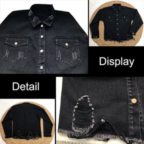 Women Ripped Denim Jacket Boyfriend Mid Long Trucker Coat-Black