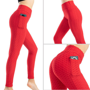 Womens Leggings Ruched Butt Lifting Stretchy Tights with Pockets-Red