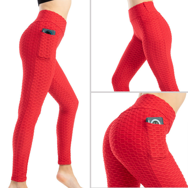 Womens Leggings Ruched Butt Lifting Stretchy Tights with Pockets-Red