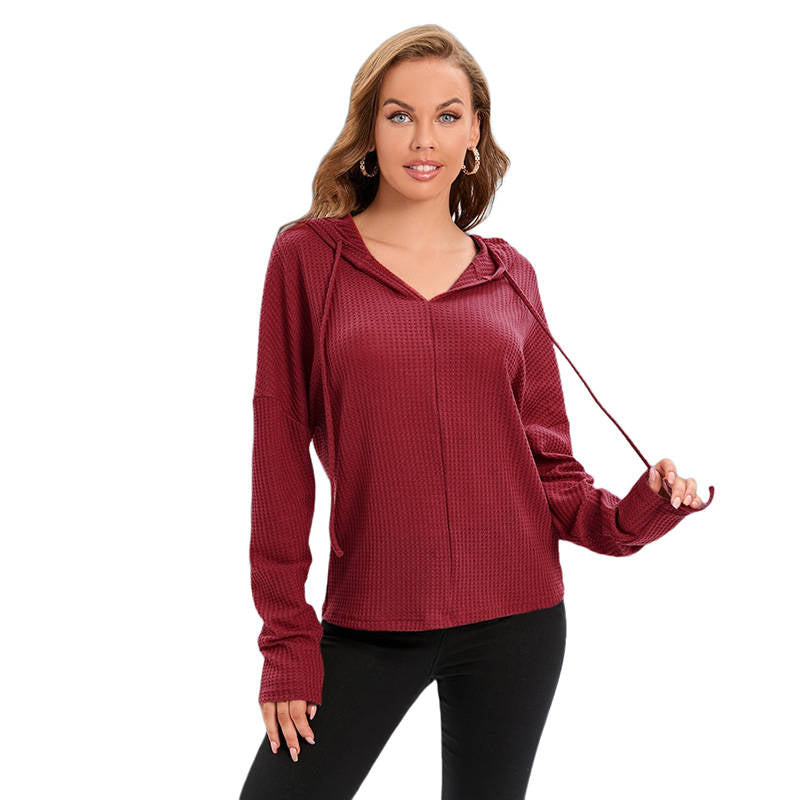 Women Casual Long Sleeve Solid Hooded Drawstring knit Jacket-WineRed
