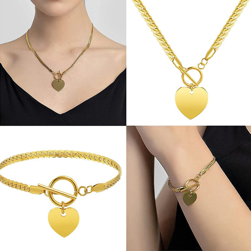 Heart Pendant Necklace Bracelet Earrings 3 Piece Set-Gold