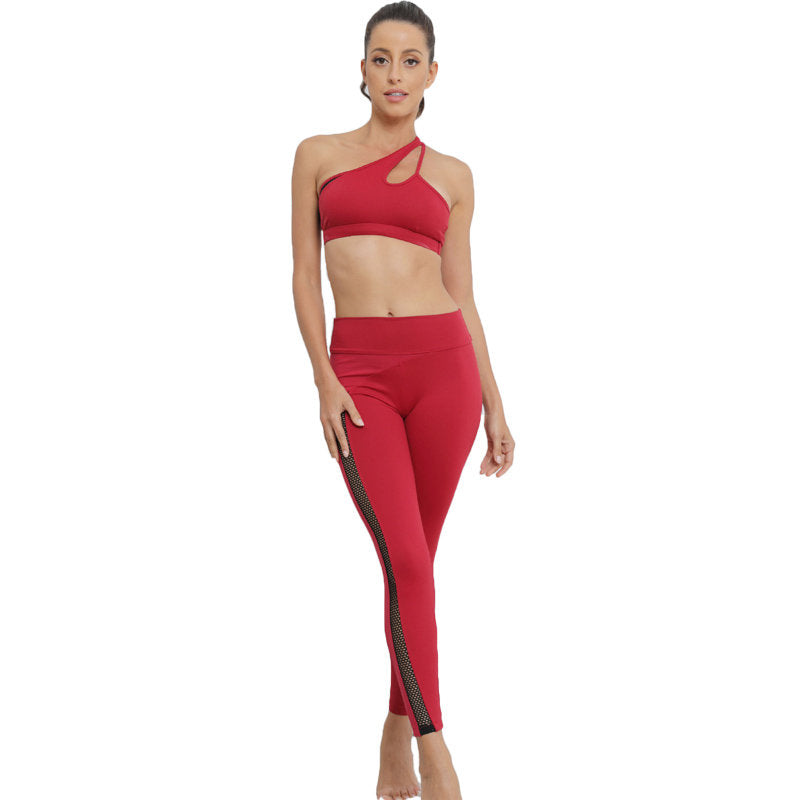 Womens Gym Workout 2 Piece Set Yoga Vest High Waisted Mesh Hip Lift Trousers-Red