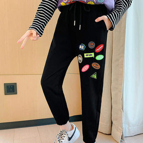 Girls Joggers Long Pants Pockets Outdoor Casual Trousers with Drawstring Icon-Black