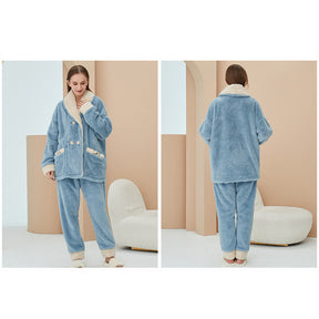 Womens Plush Pajamas Cardigan Set Loungewear-Haze Blue