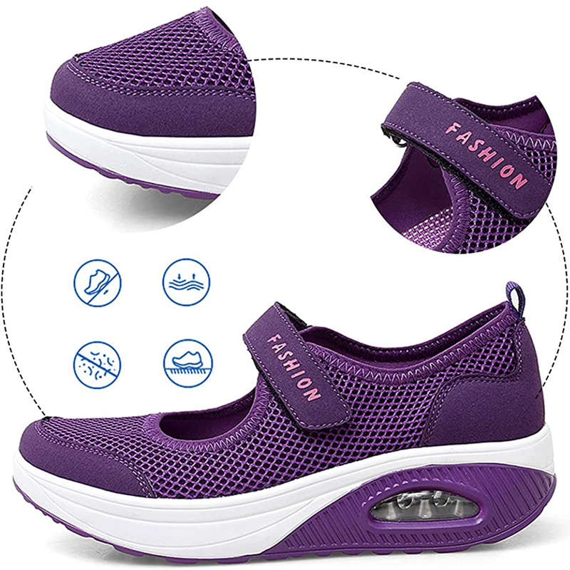 Women Casual Air Cushion Sneakers Velcro Mary Jane Shoes-Purple