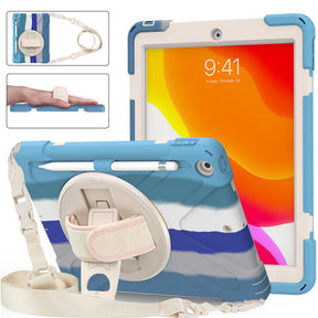 iPad Case With Pencil Stand+Rotating Stand+Shoulder Strap For iPad10.2 Inch 2020/2019-Blue