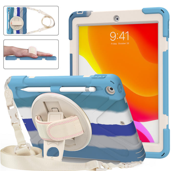 iPad Case With Pencil Stand+Rotating Stand+Shoulder Strap For iPad10.2 Inch 2020/2019-Blue